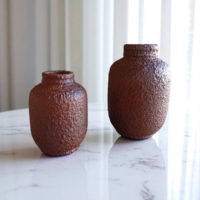 Set de 2 Jarrones Cerámica Artesanal Marrón Terracota 30cm y 25cm