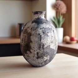 Jarrón Cerámica Artesanal Gris Efecto Craquelado 30cm