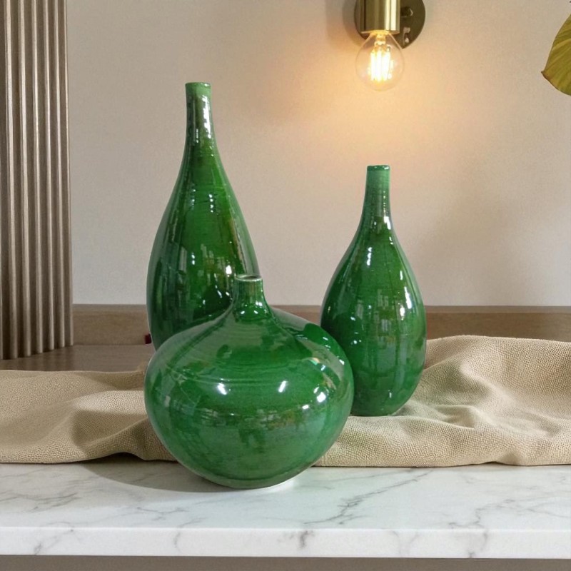 Set de 3 Jarrones Cerámica Artesanal Verde Esmaltado