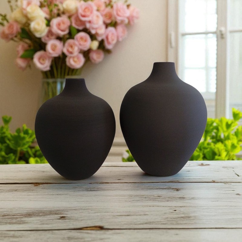 Set de 2 Jarrones Cerámica Artesanal Negro Mate Esférico 35 y 30cm
