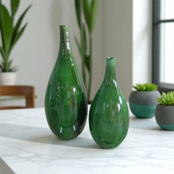 Set de 2 Jarrones Cerámica Artesanal Verde Gota Alargada 50 y 40cm