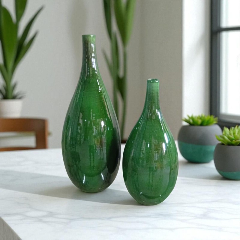 Set de 2 Jarrones Cerámica Artesanal Verde Gota Alargada 50 y 40cm