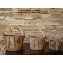 Maceta Cerámica Artesanal Barril Madera Asa Cuerda