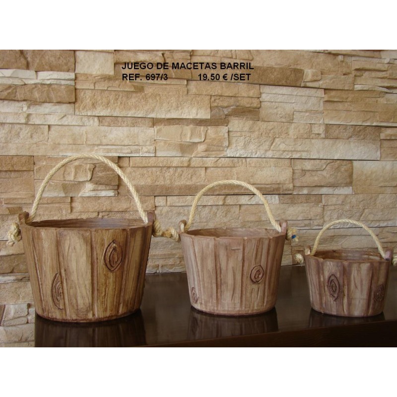 Maceta Cerámica Artesanal Barril Madera Asa Cuerda