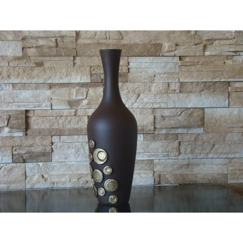 Jarrón Cerámica Artesanal Botella Negro Círculos Plateados