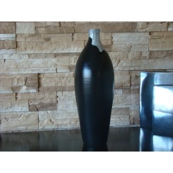 Jarrón Cerámica Artesanal Ovalado Negro Azul Plateado