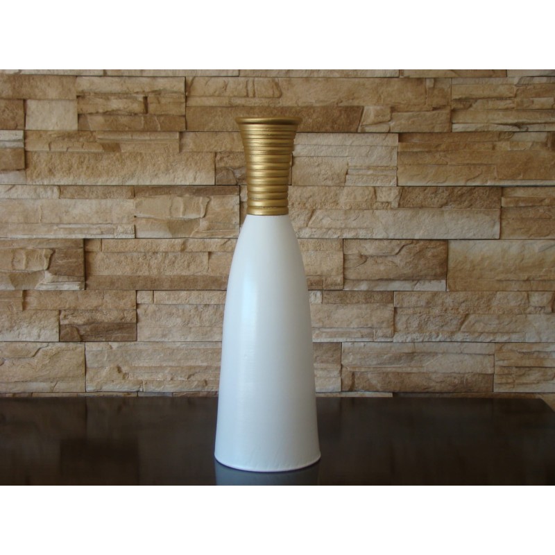 Jarrón Cerámica Artesanal Cónico Bicolor Blanco Dorado