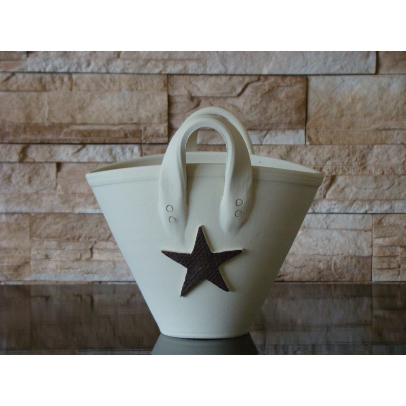 Jarrón Cerámica Artesanal Tipo Bolso Blanco Estrella