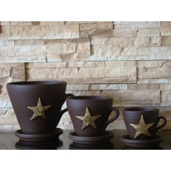 Maceta Cerámica Artesanal Taza Marrón Estrella Dorada