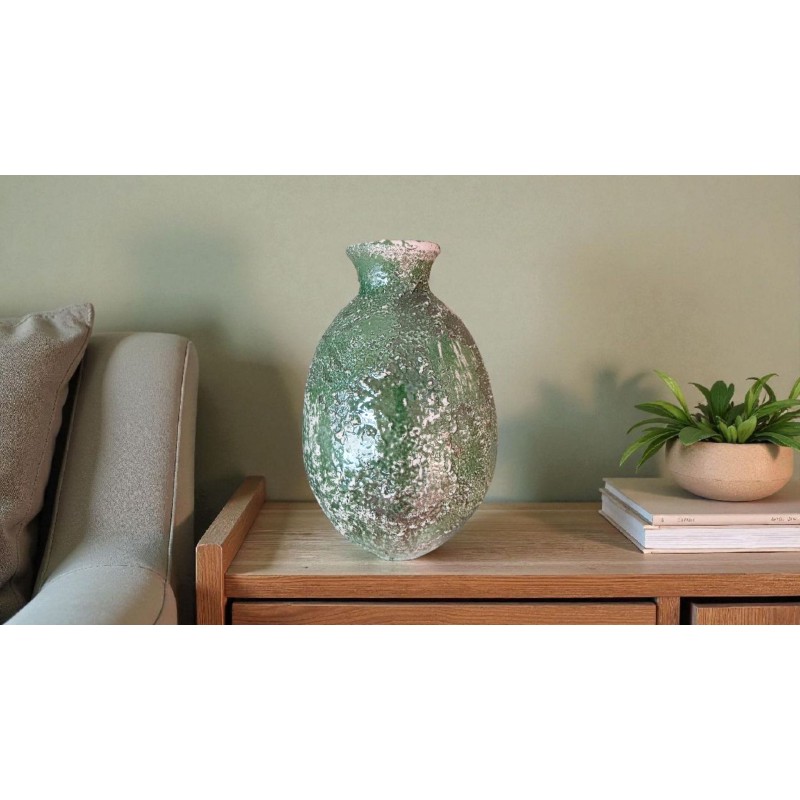 Jarrón Cerámica Artesanal Ovalado Verde Texturizado