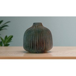 Jarrón Cerámica Artesanal Redondo Relieve Rayas Verde Oscuro