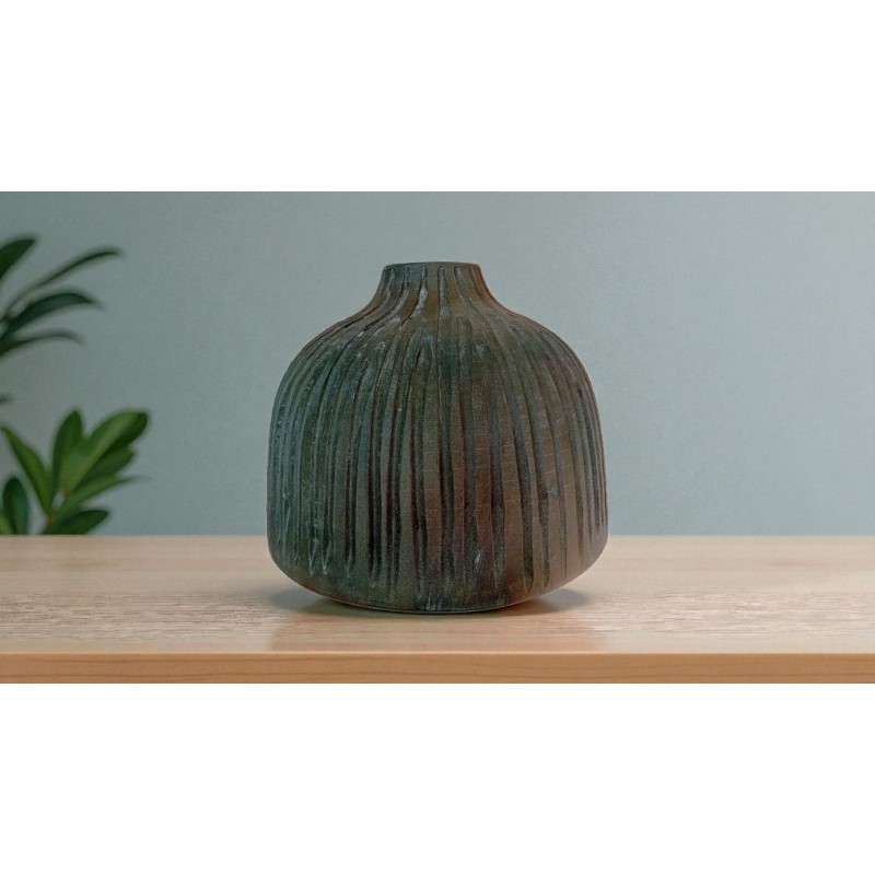 Jarrón Cerámica Artesanal Redondo Relieve Rayas Verde Oscuro