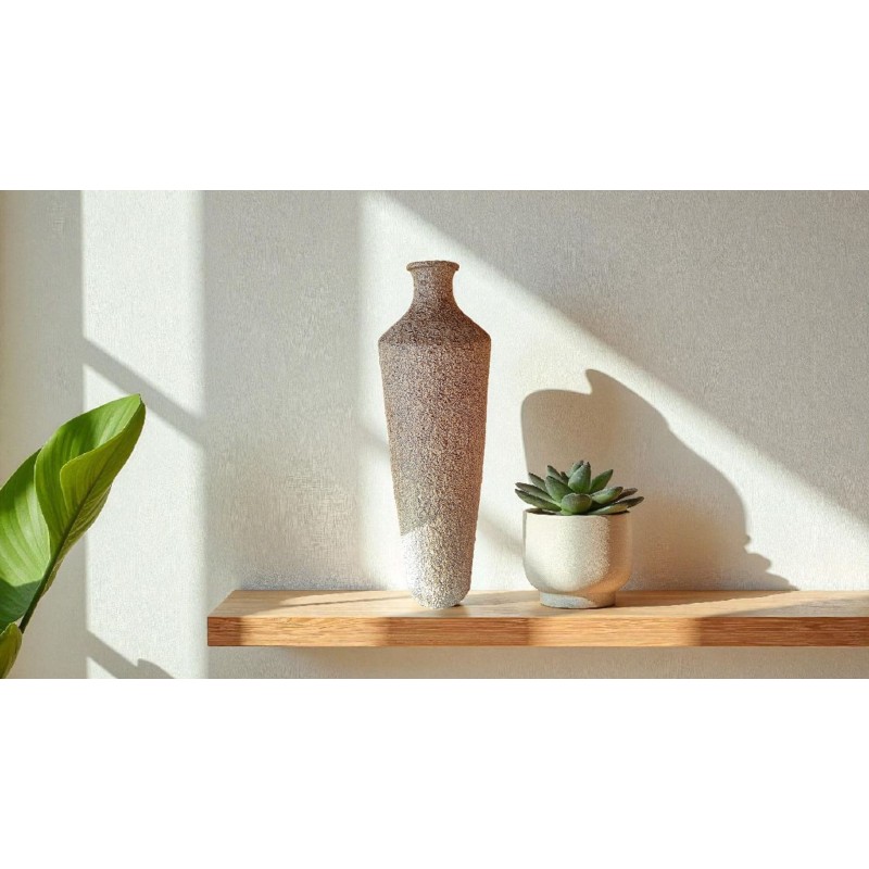 Jarrón Cerámica Artesanal Estilizado Textura Beige-Gris