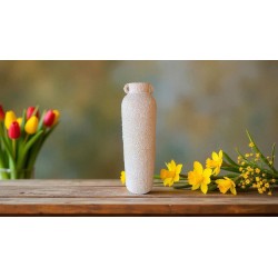 Jarrón Cerámica Artesanal Alargado Blanco con Asas Textura Piedra