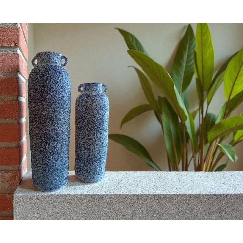 Jarrón Cerámica Artesanal Azul Granito con Asas Alto