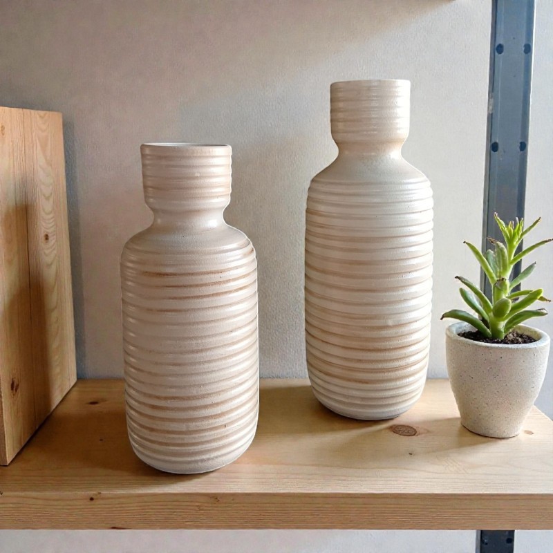 Set de 2 Jarrones Cerámica Artesanal Botella Acanalado 40 y 35cm