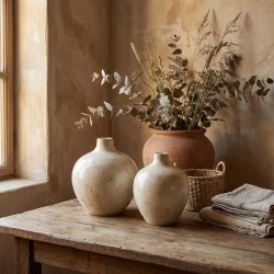 Set de 2 Jarrones Cerámica Artesanal Esférico Cuello Estrecho