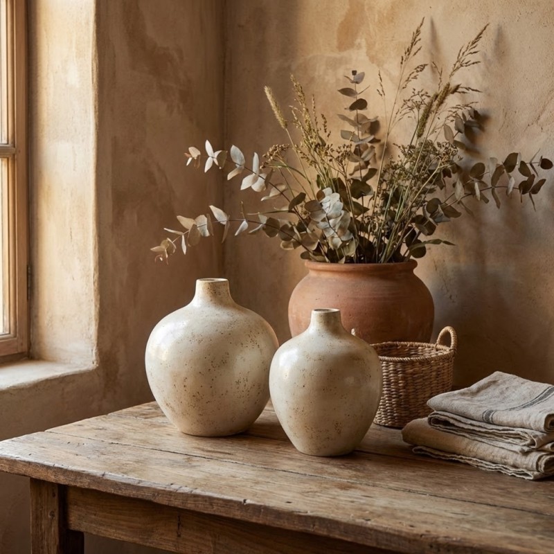 Set de 2 Jarrones Cerámica Artesanal Esférico Cuello Estrecho