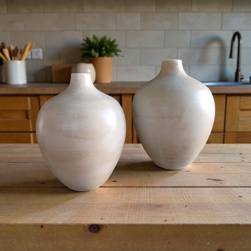 Set de 2 Jarrones Cerámica Artesanal Esférico Cuello Estrecho